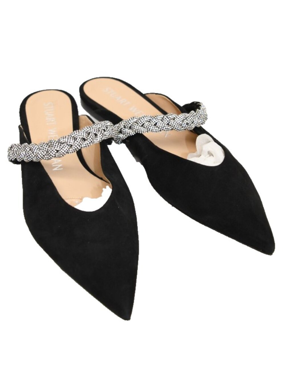 $600 STUART WEITZMAN ADDISON CRYSTAL-EMBELLISHED FLAT MULES BLACK 7.5 (DD21)